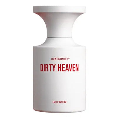 White perfume bottle labeled 'Dirty Heaven' on a white background