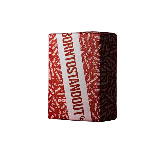 Product packaging with 'Borntostandout' branding on a red background