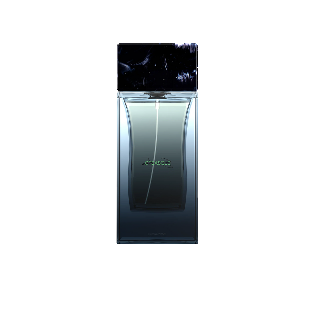 Perfume bottle with a black and silver design on a white background