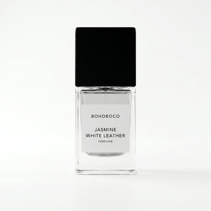 Bohoboco Jasmine White Leather Extrait de Parfum 50ml - Perfume box with bottle.