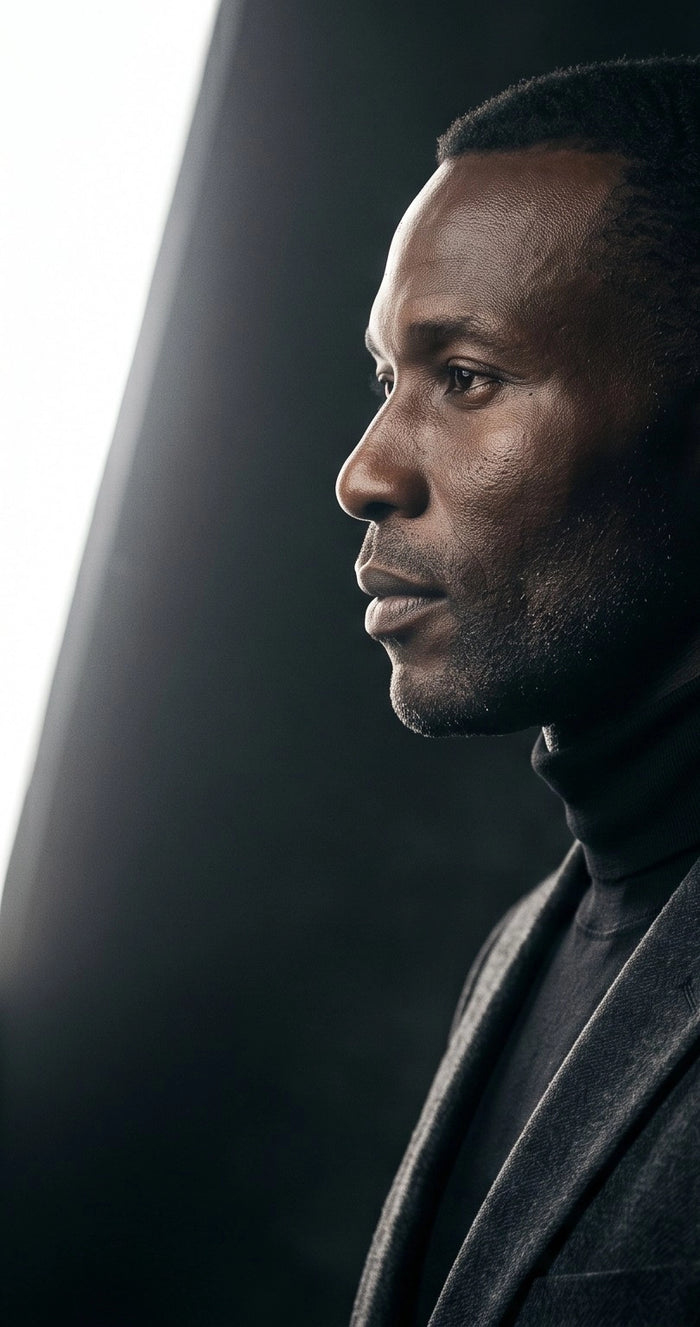 Man in a dark suit against a black background