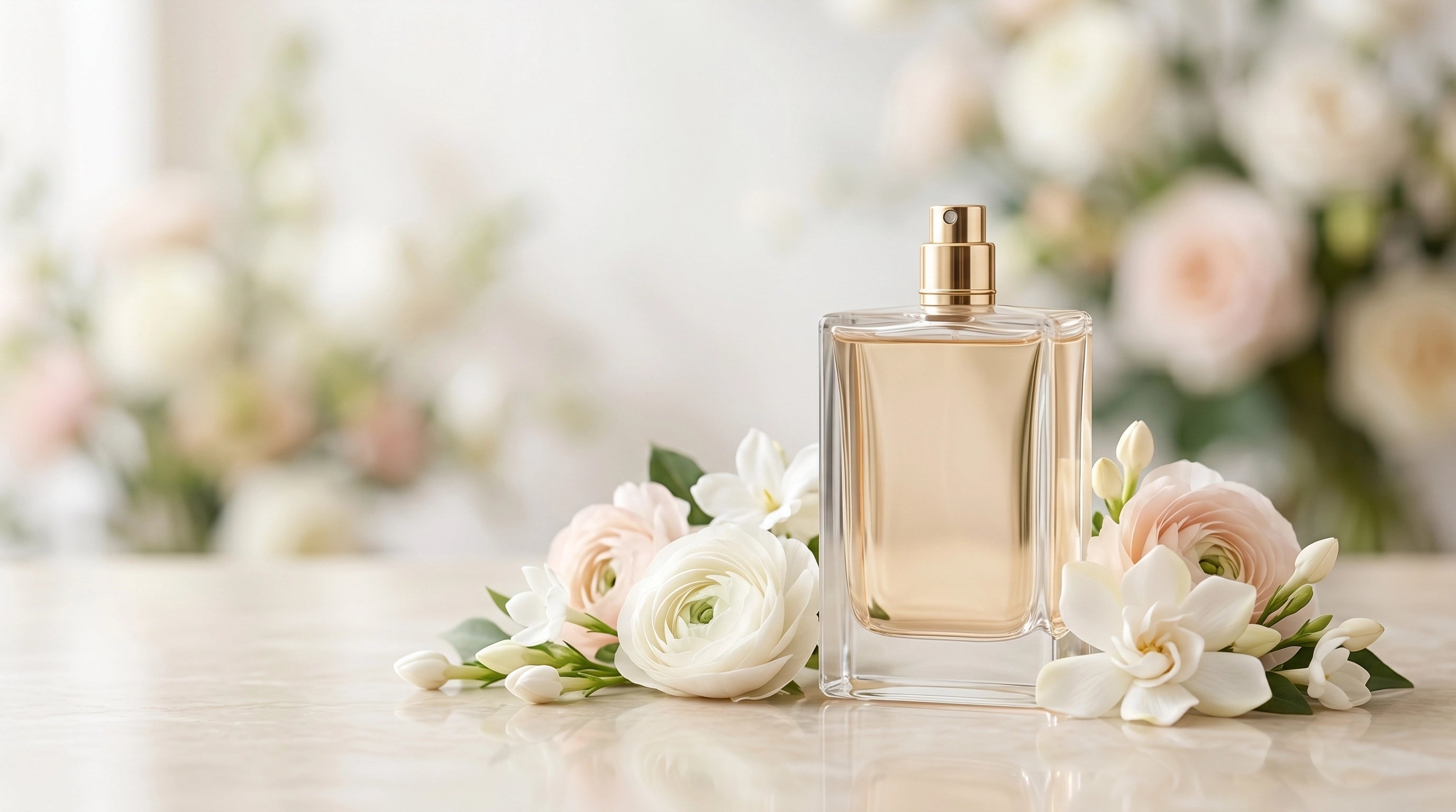 Gold perfume bottle with flowers on a light surface and blurred floral background