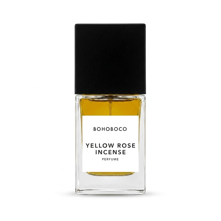Bohoboco Yellow Rose Incense Extrait de Parfum 50ml - Perfume box with bottle.