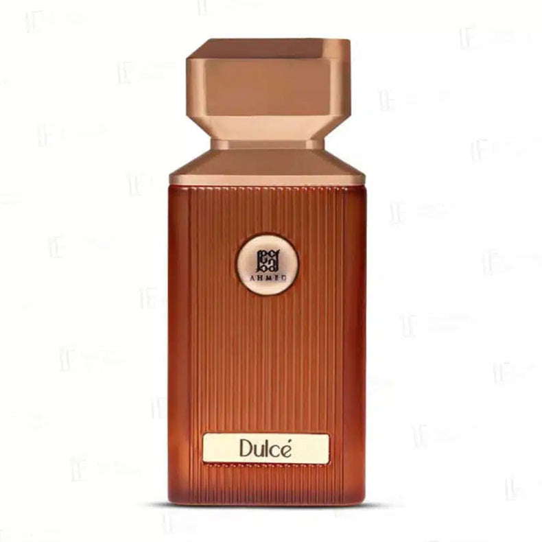 Brown perfume bottle with gold cap on a white background, featuring the brand 'Luxurious Fragrances'.