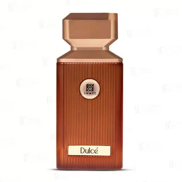 Brown perfume bottle with gold cap on a white background, featuring the brand 'Luxurious Fragrances'.