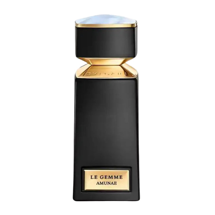 Black perfume bottle with gold accents on a white background