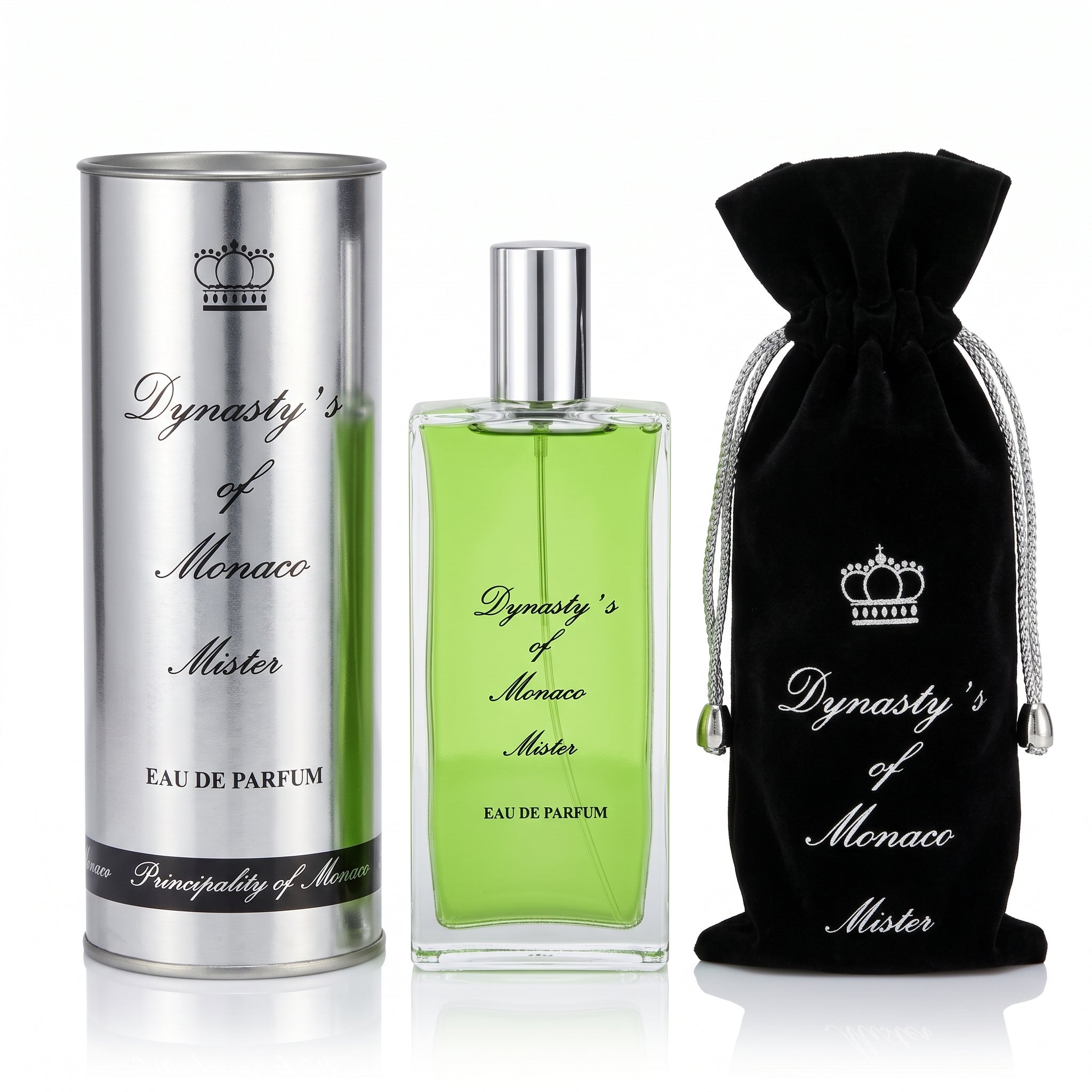 A perfume set featuring a rectangular glass bottle with light green liquid, a tall silver cylindrical box, and a black velvet drawstring pouch, all printed with 'Dynasty's of Monaco Mister' and a crown logo on a white background.