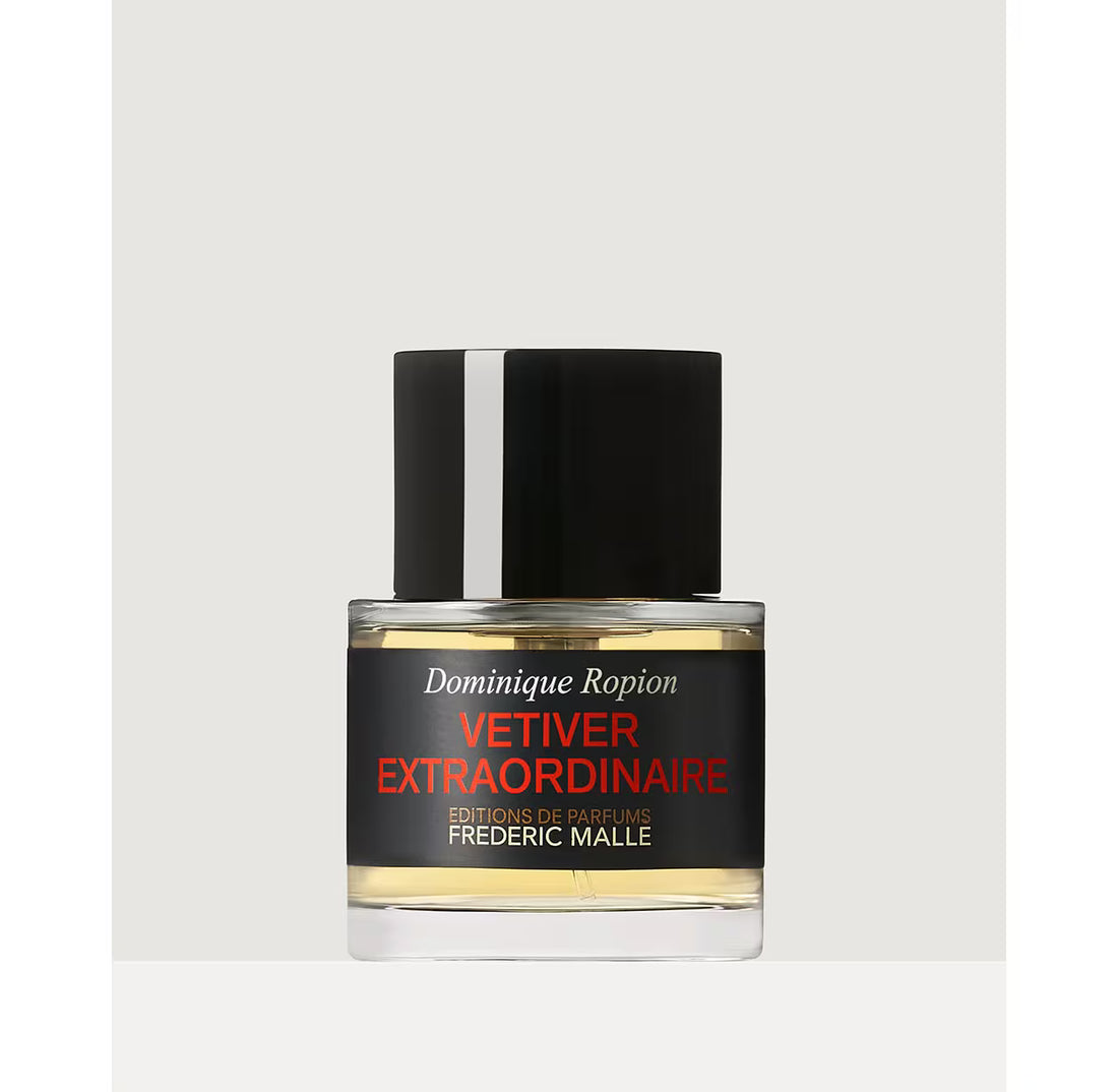 Perfume bottle labeled 'Vetiver Extraordinaire' by Frederic Malle on a white background