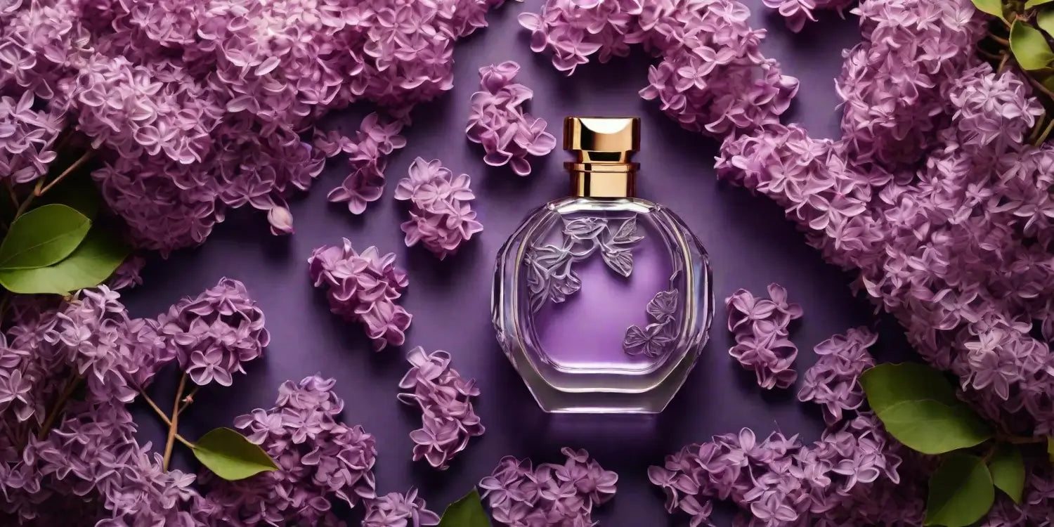 Perfume bottle with floral design surrounded by purple flowers