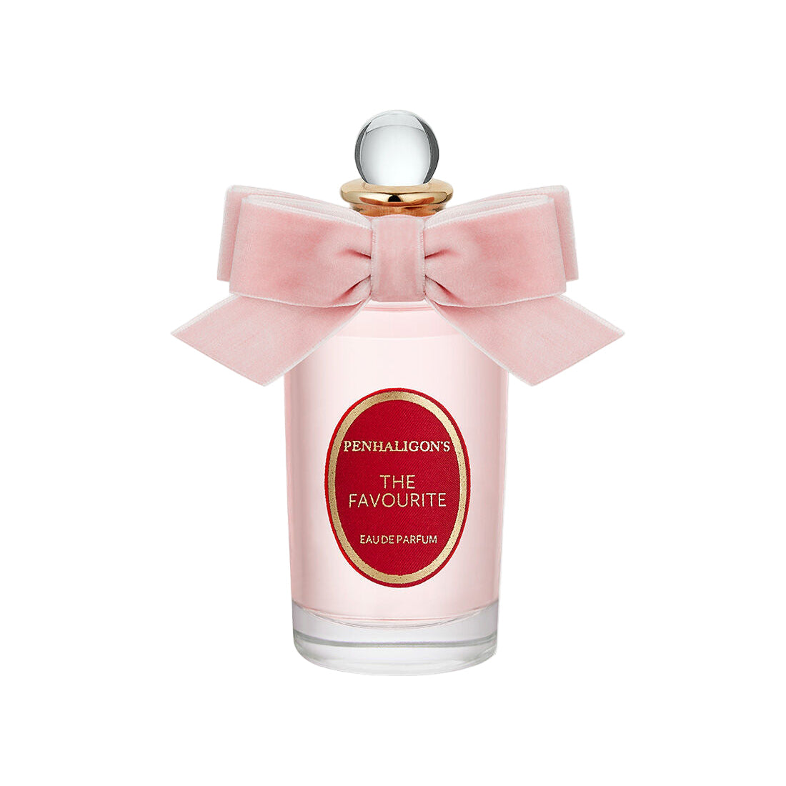 Penhaligon's 'The Favourite' perfume bottle with a pink bow on a white background
