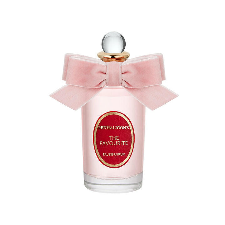 Penhaligon's 'The Favourite' perfume bottle with a pink bow on a white background