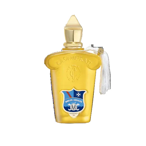 Yellow perfume bottle with gold cap and white tassel on a white background