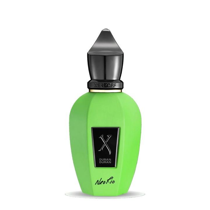 Green perfume bottle with black cap on a green background
